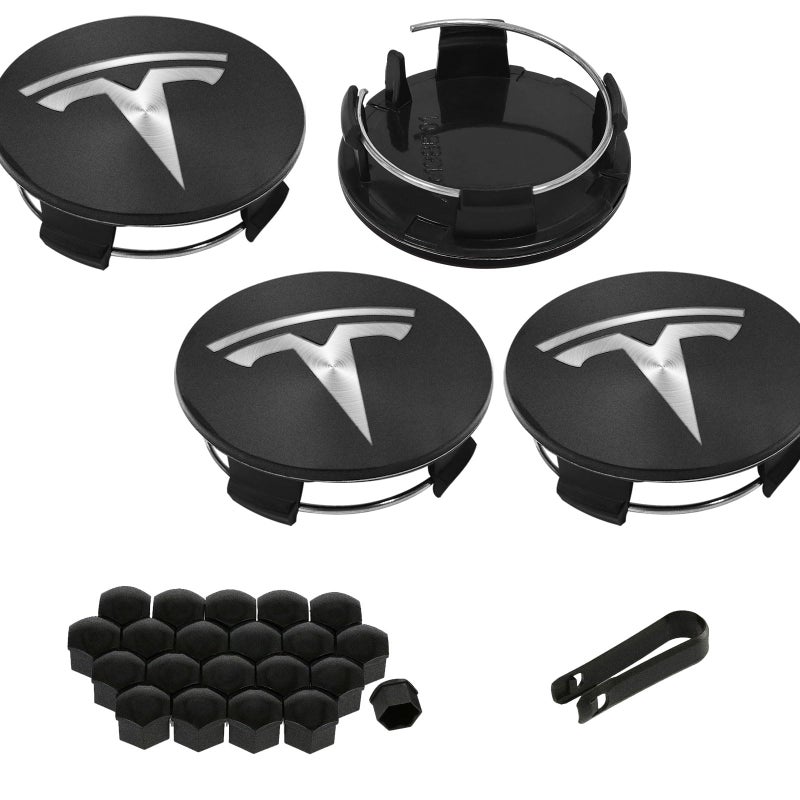 Knomix 4 عبوات من غطاء مركز عجلة الديكور الخارجي لطراز Tesla 3 Model Y، 56 مم Hubcaps عجلة حافة غطاء Tesla Center Caps Hubcaps + 22 غطاء صواميل أسود (أسود غير لامع + شعار فضي) - Image 1